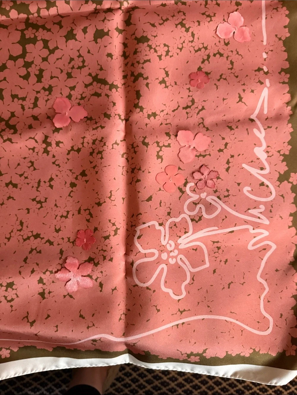 Pink Floral Silk Scarf - Pink on Olive